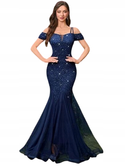 Shein – Tmavě Modrá Večerní Šaty S Flitry A Španělkou M 1HI