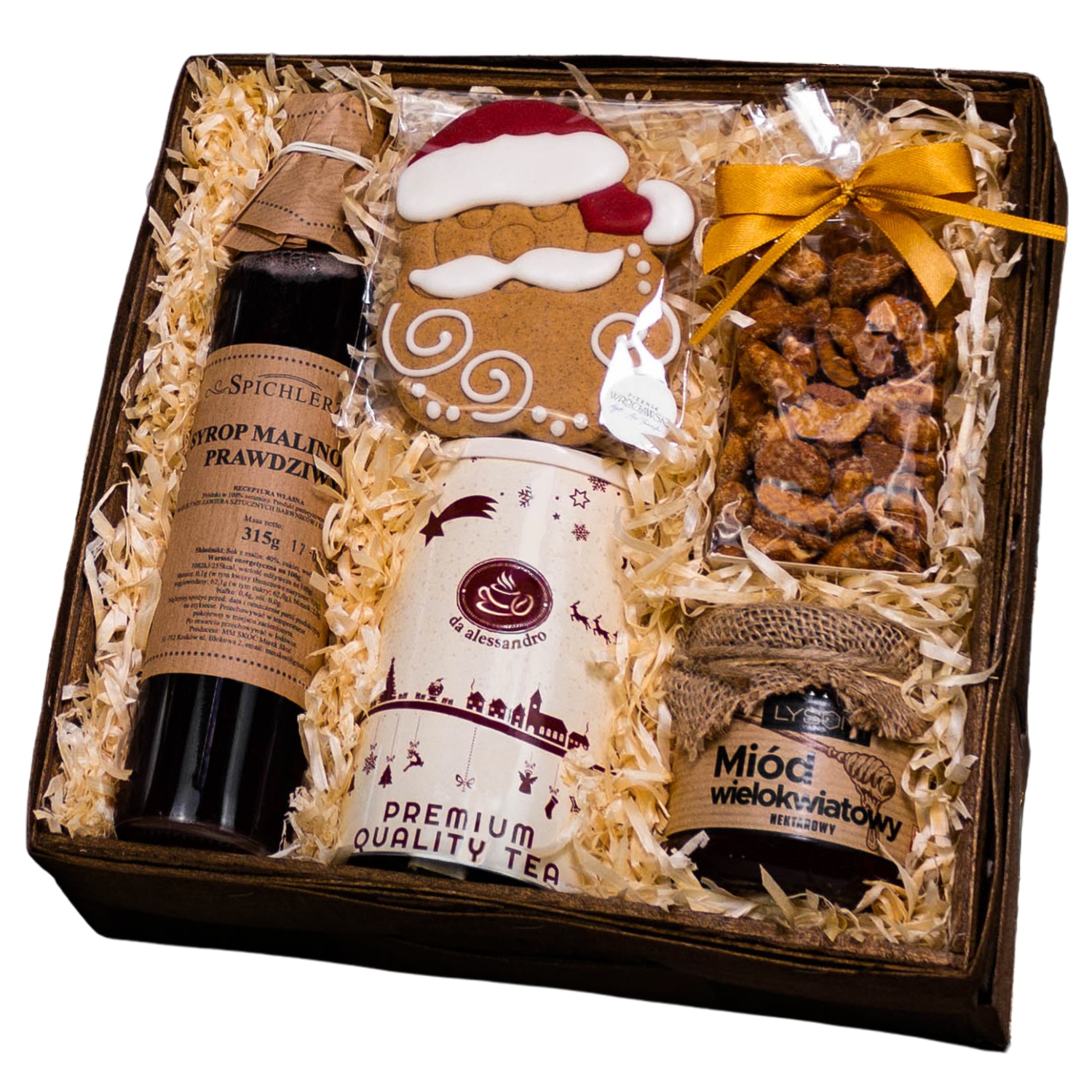 Levně Velký dárkový koš na Vánoce – sirup, čaj, med, perník, oříšky