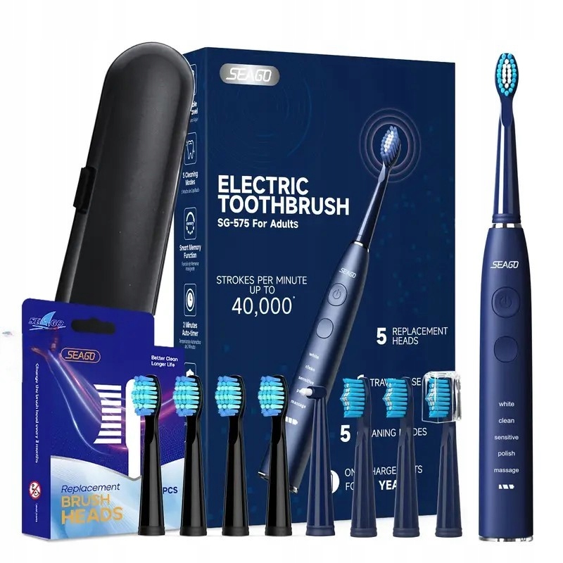 Soniczna szczoteczka Seago SG-575 niebieska zestaw z etui i 9 końcówkami