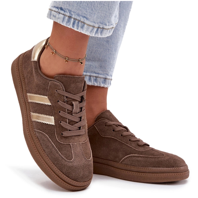 Sneakersy Damskie Z Naturalnego Zamszu Sznurowane Niskie Brązowe 36