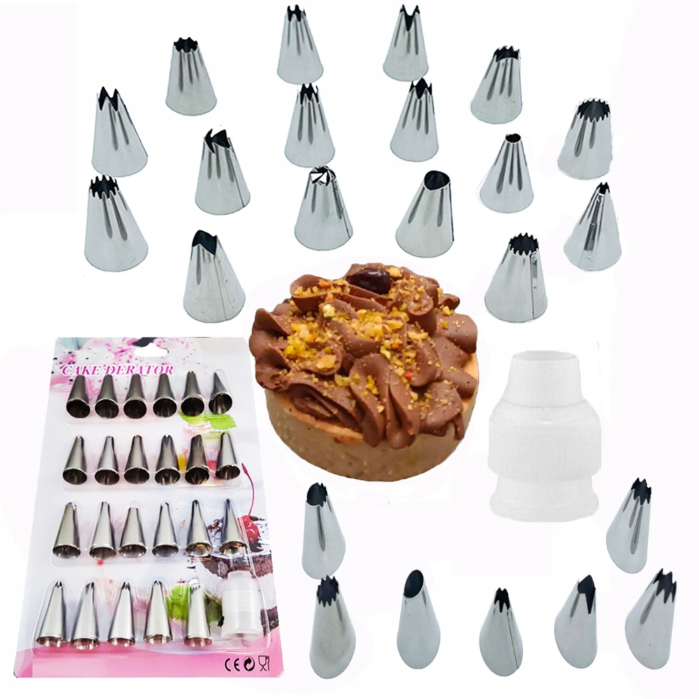 ZESTAW 23 TYLKI CUKIERNICZE SZTUKI + 100x RĘKAW WOREK CUKIERNICZY + ADAPTER Materiał dominujący metal