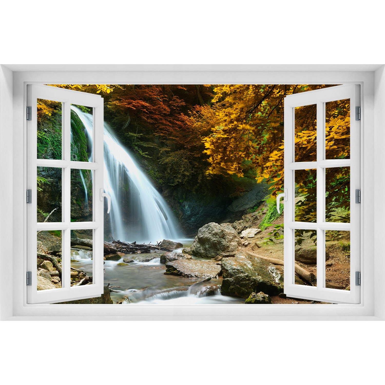 

Naklejka fototapeta 3D Okno widok Wodospad w lesie