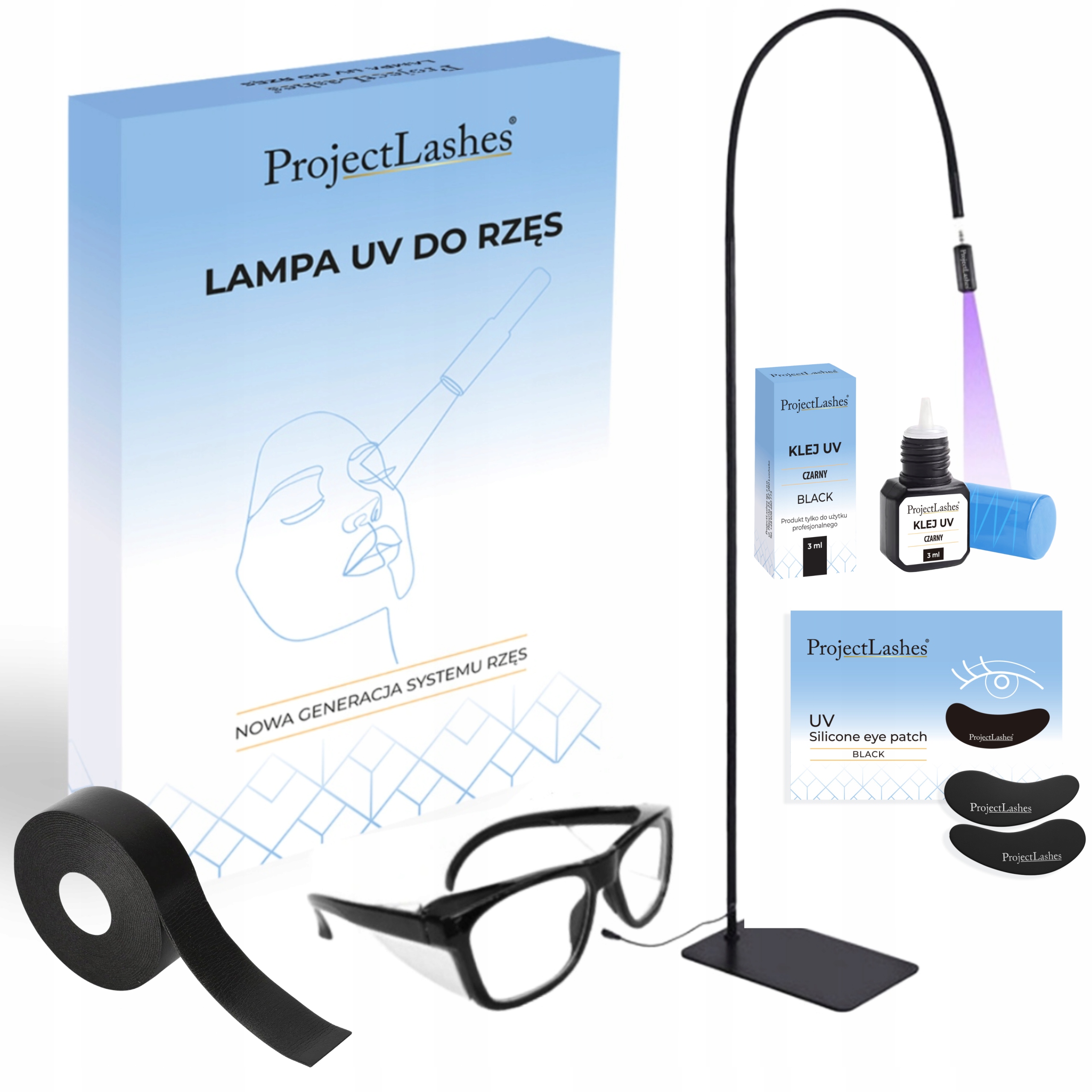 Zestaw Lampa Uv do przedłużania rzęs okulary klej płatki pod oczy taśma
