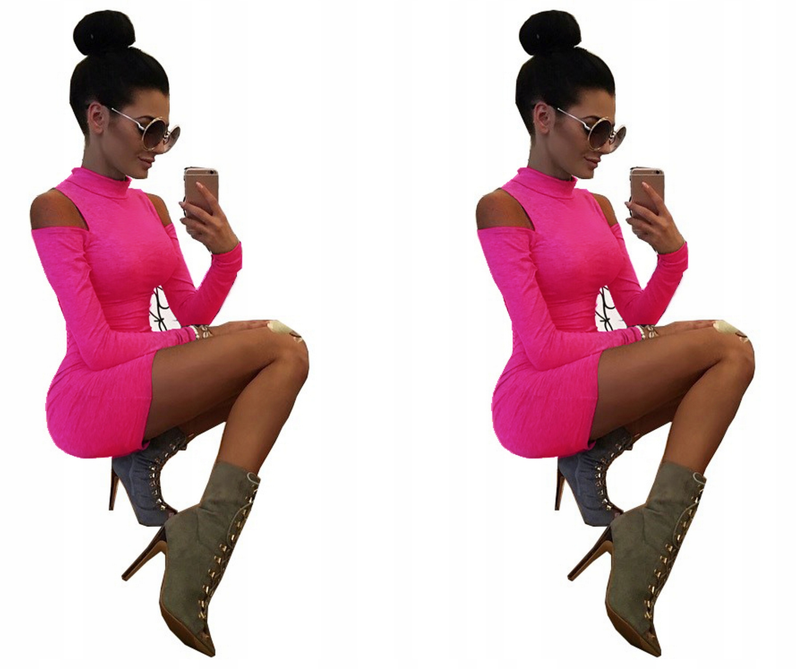 Czarna SUKIENKA Damska pół GOLF Ołówkowa ODKRYTE RAMIONA S/M Rękaw długi rękaw