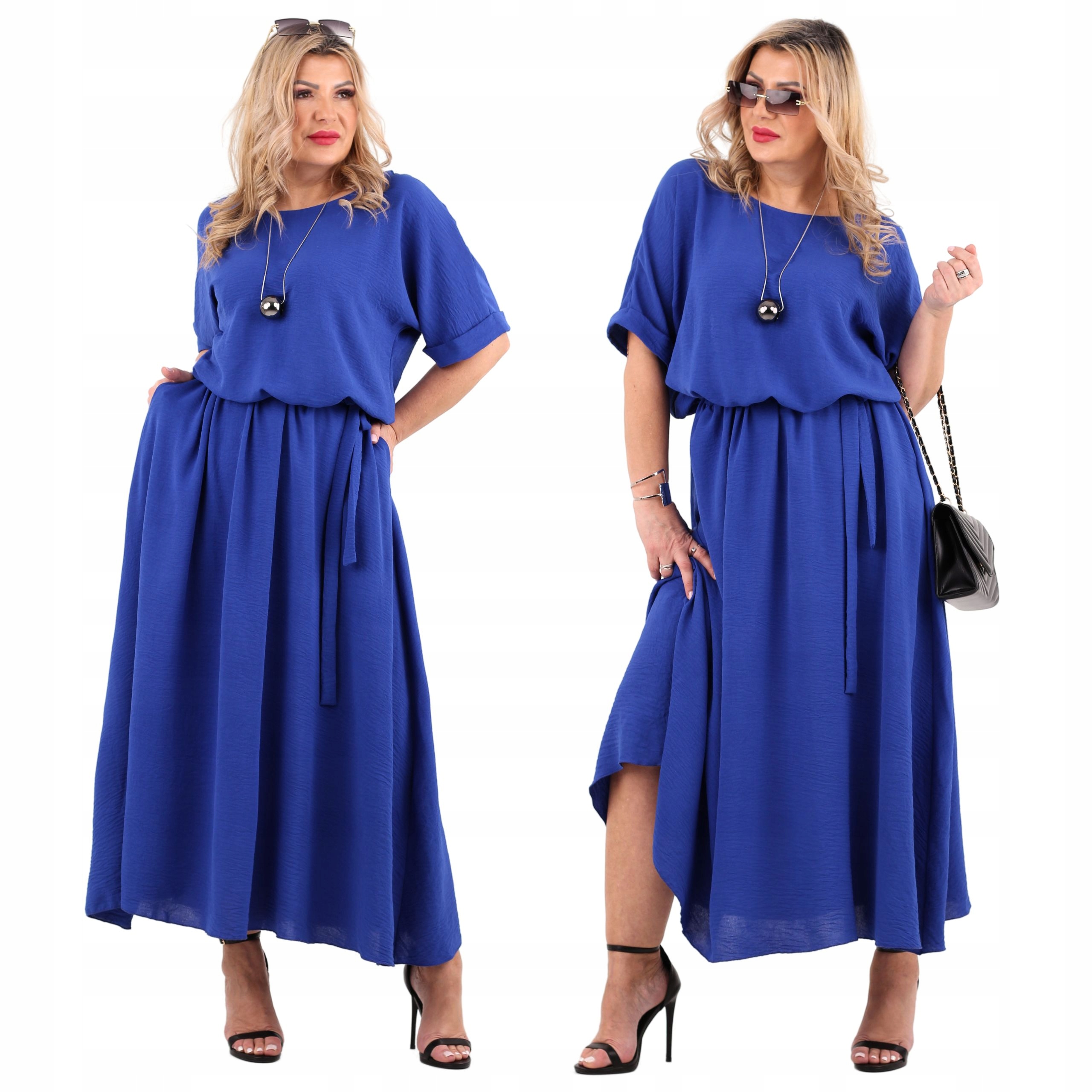 Długa Sukienka Maxi Z Kieszeniami Z Paskiem Wiązana Letnia Wizytowa Zwiewna