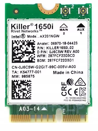Síťová karta Intel KILLER1650i AX201 AX201NGW Wifi 6 3000Mhz Bt 5.2 CNVio