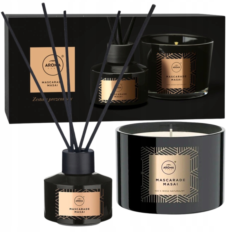 ZESTAW PREZENTOWY UNIQUE MASCARADE MASAI PATYCZKI ZAPACHOWE + ŚWIECZKA 2W1