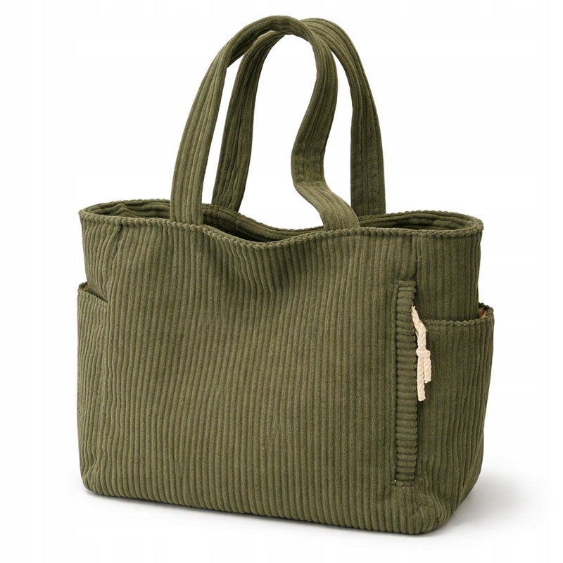 Torebka damska shopper sztruksowa oliwkowa duża A4 torba na ramię codzienna