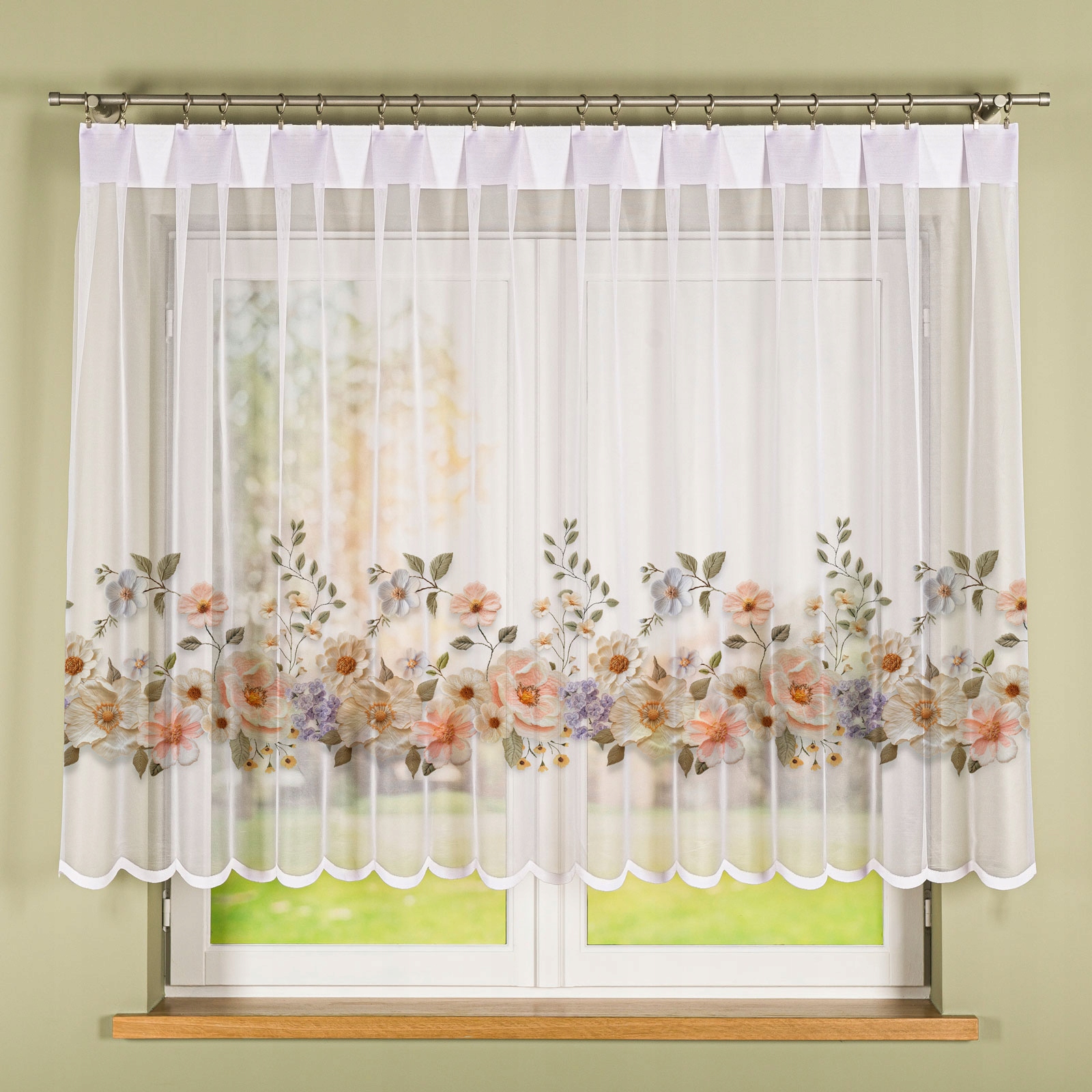Květiny S Efektem Vyšívání záclona, 300 x 140 cm (s lemováním)