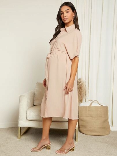 SHEIN BEŻOWA KOSZULOWA SUKIENKA CIĄŻOWA Z PASKIEM L 86948 Rozmiar L