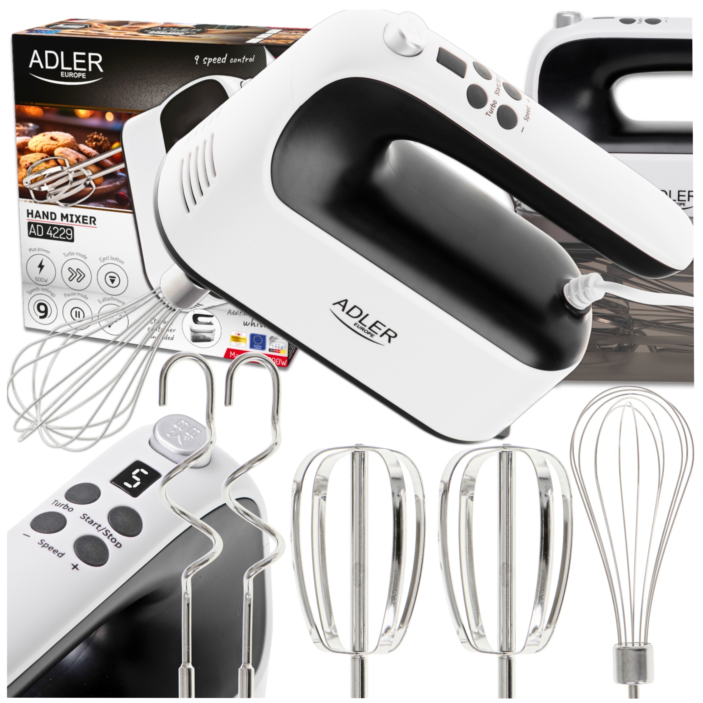 Mikser Ręczny Robot Kuchenny Wielofunkcyjny Turbo 5 Prędkości LCD Zestaw