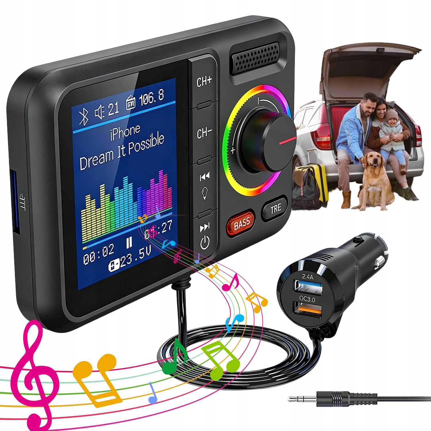 Adaptér Do Zásuvky Zapalovače Bluetooth Fm Displej Rychlé Nabíjení