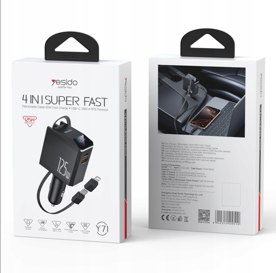 yesido Ład. sam. Y71 125W Fast Charging 4w1 Led Kabel 65W C+iP, Black