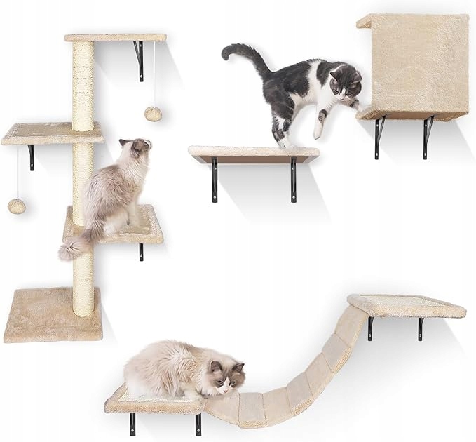 Levně Lezecká stěna pro kočky houpací síť škrabadlo lehátko domeček sada Béžová Hevol