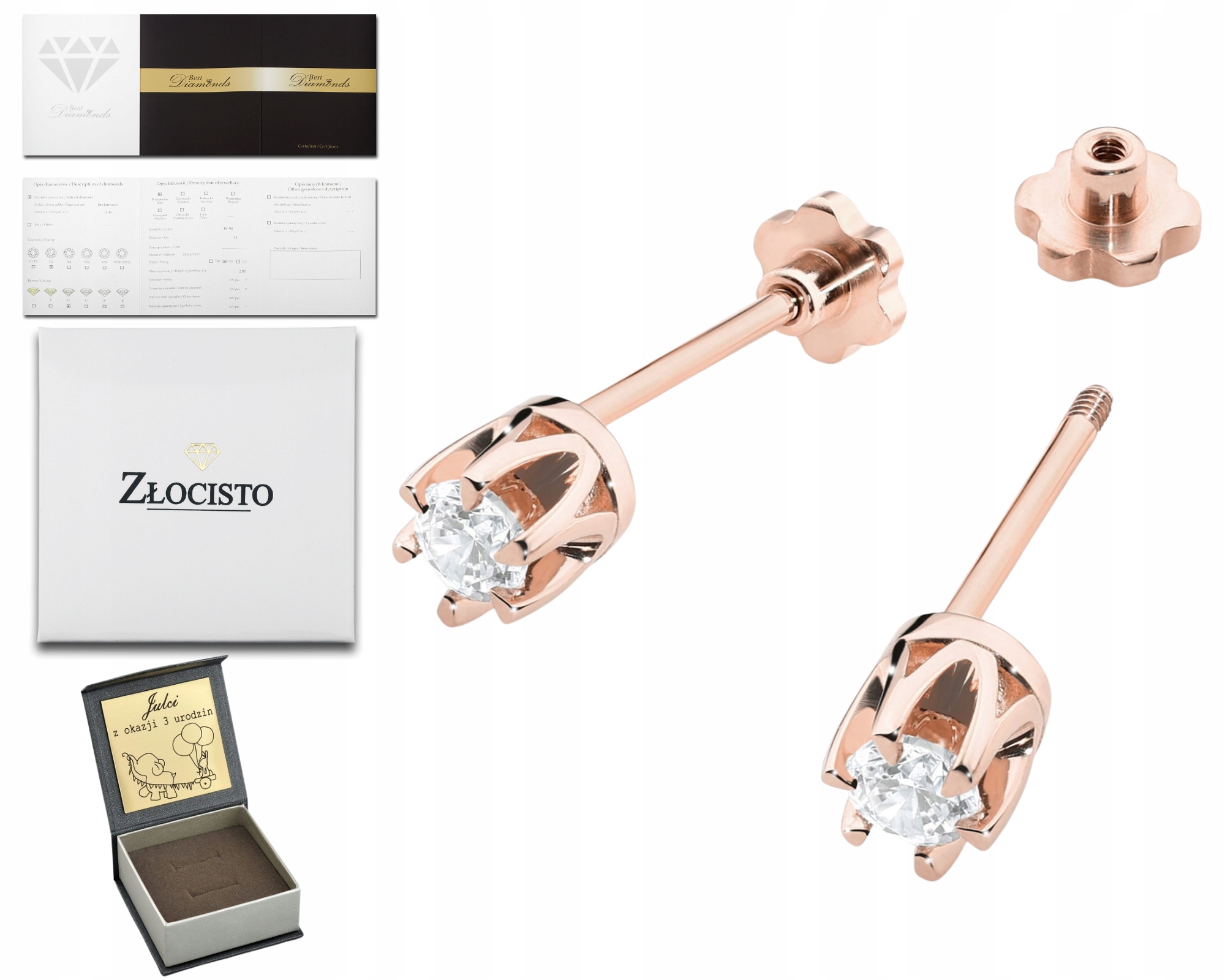 Růžové Zlato Náušnice S Brilianty 0,24 Ct Šroubovací Tyčinka Zlato 585