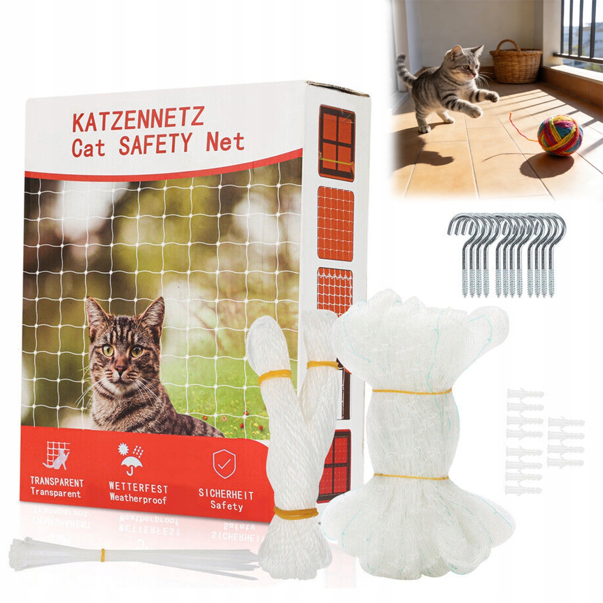 Balkonová Síť Pro Kočky 8x3 m Bezpečná Bez Vrtání Vyztužená Sada