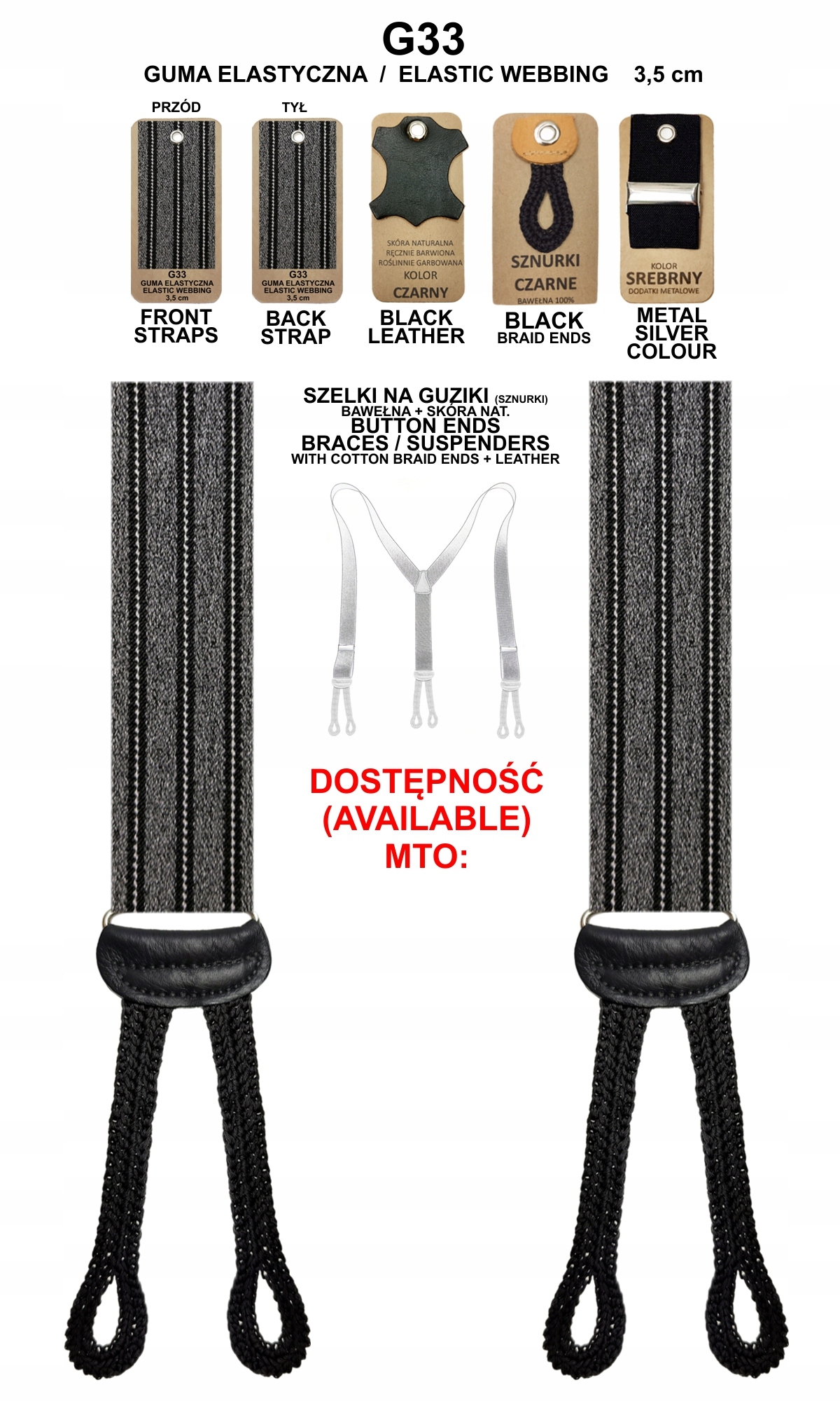 PROMOCJA! Szelki do spodni na guziki 2w1 GUMA W PASY CZARNA & SZARA melanż Marka inna