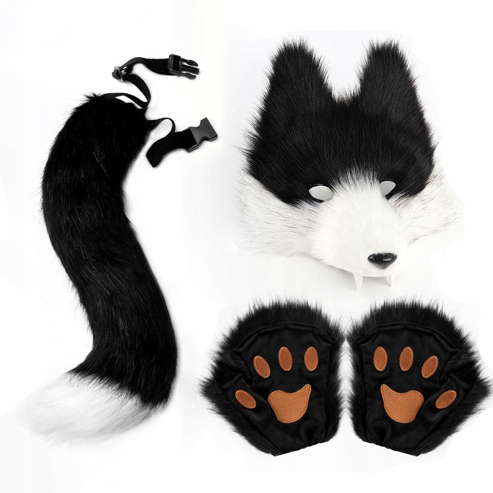 Umělá kožešina ocas lišky kočka vlk převlek karneval sada plyšová maska