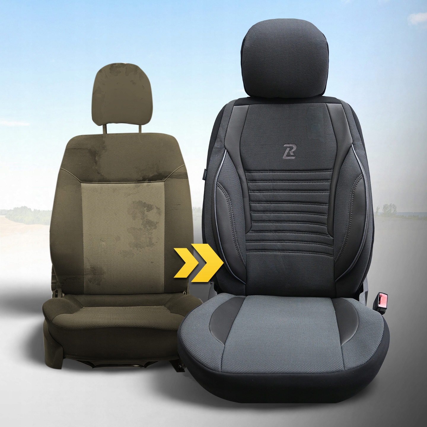 Pokrowce na przednie fotele samochodowe materiał grube ARES szaro czarne Model ARES
