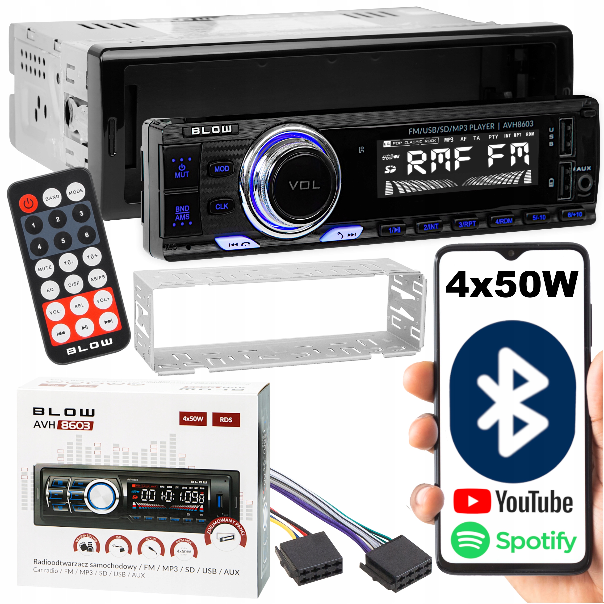 Radio Samochodowe Bluetooth 1-DIN Rds Usb Aux Sd Pilot Odłączany Panel