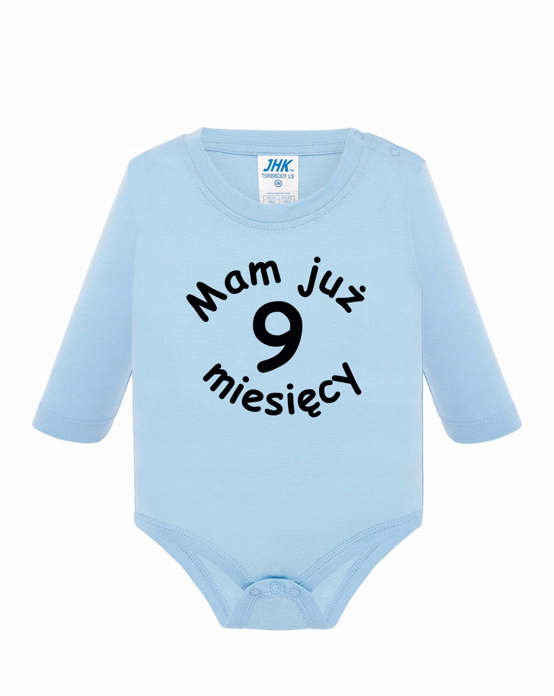 Body niebieskie z napisem MAM JUŻ 9 MIESIĘCY 12M