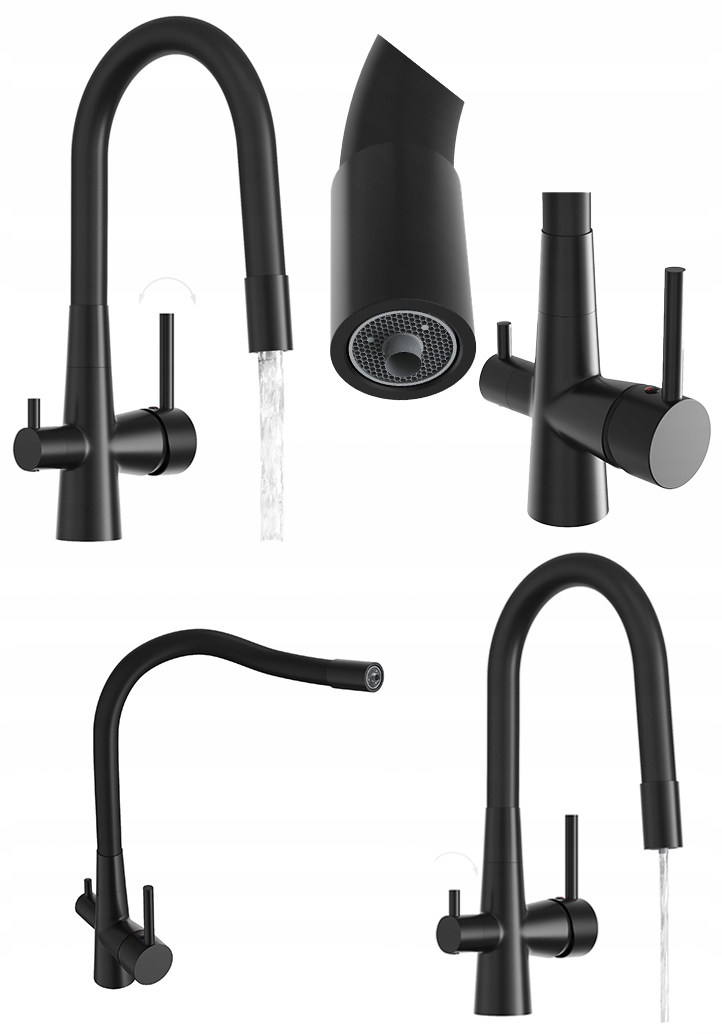 Batéria Fluo kuchynská trojcestná, flexibilný kohútik na vodný filter, čierna