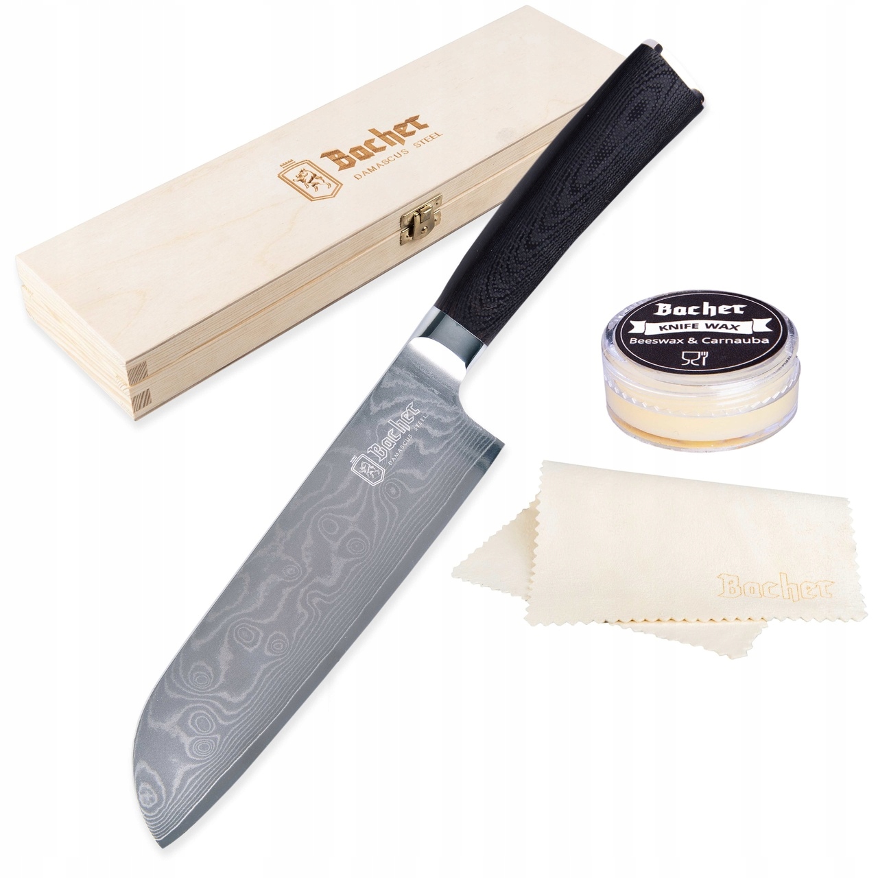 

Nóż santoku Bacher ze stali damasceńskiej 18 cm
