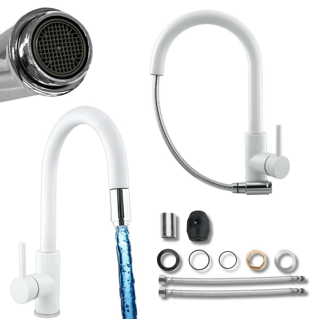 Kuchyňská baterie s Výsuvným Výtokem Bílá Chrom Kohout pro dřez