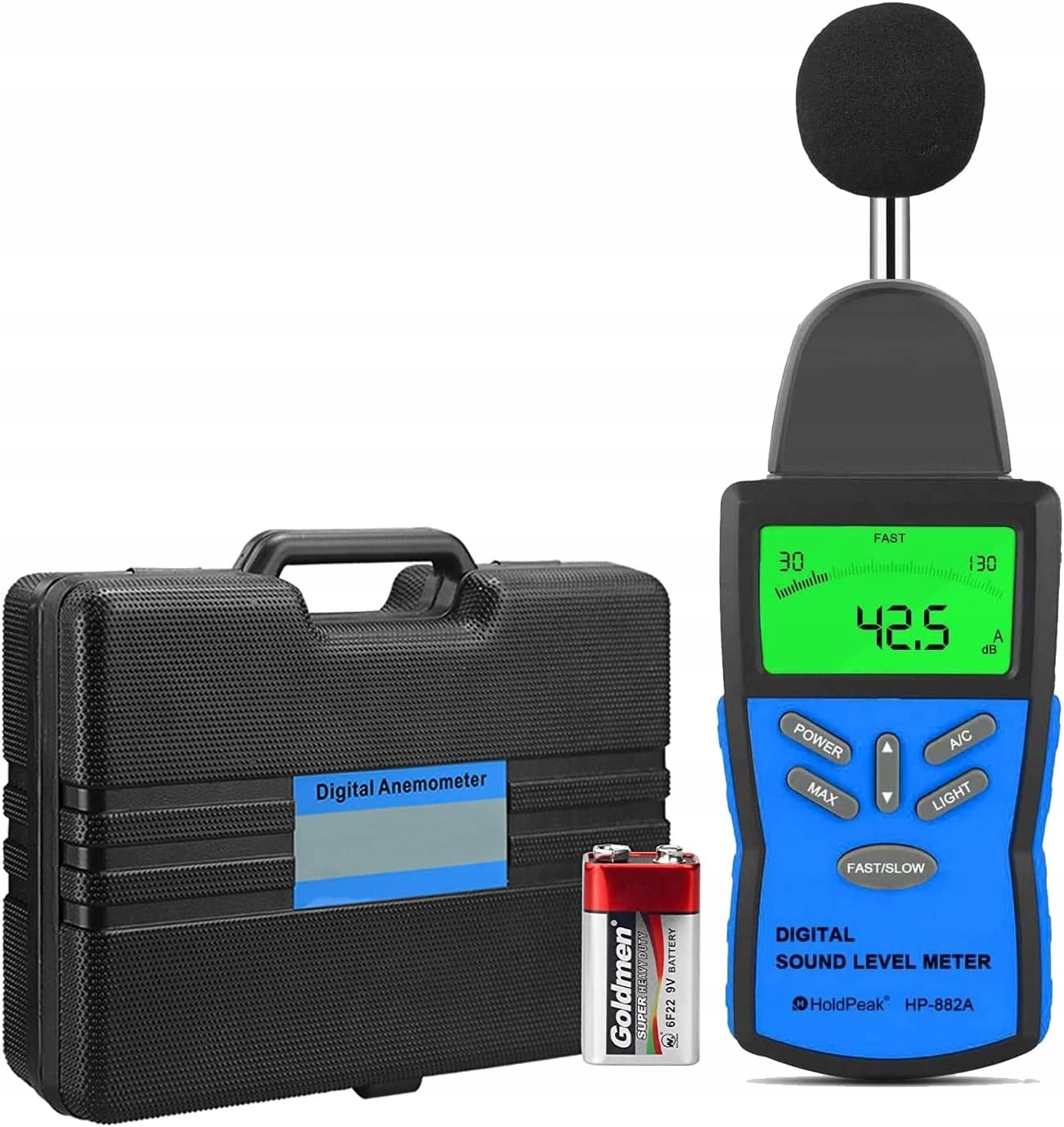 HoldPeak měřič hluku 30–130 dB LCD Spl dBA/C s podsvícením 9V baterie