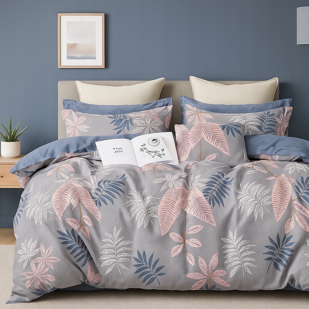 Komplet pościeli bawełnianej 3-częściowej 180×200 2 poszewki na poduszki – szary tropikalny