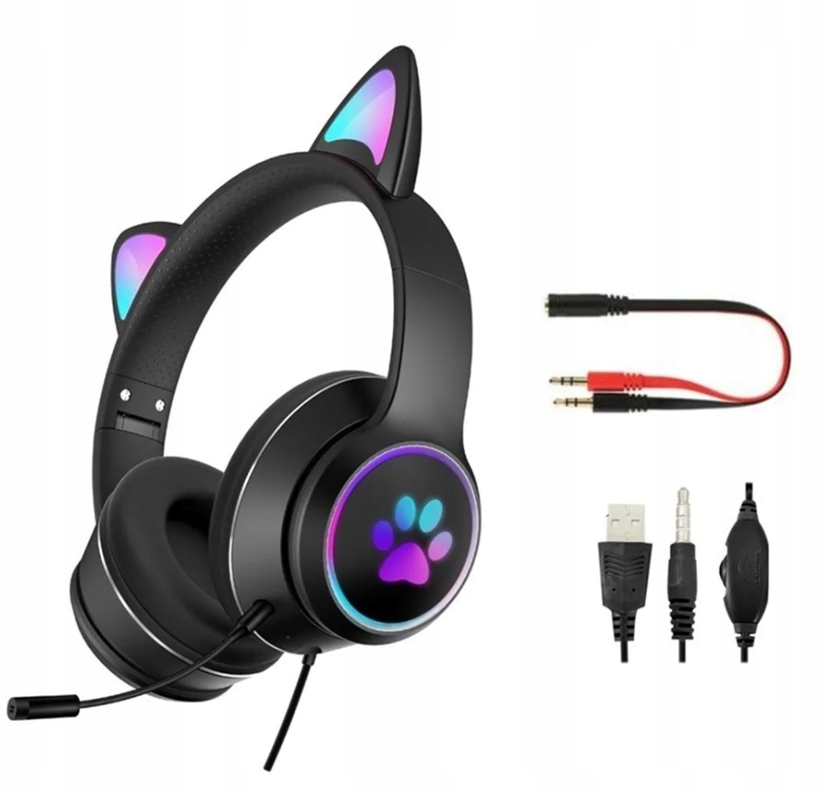 SŁUCHAWKI Z MIKROFONEM DLA GRACZY KOCIE USZY SŁUCHAWKI GAMINGOWE PRZEWODOWE Marka Pendo