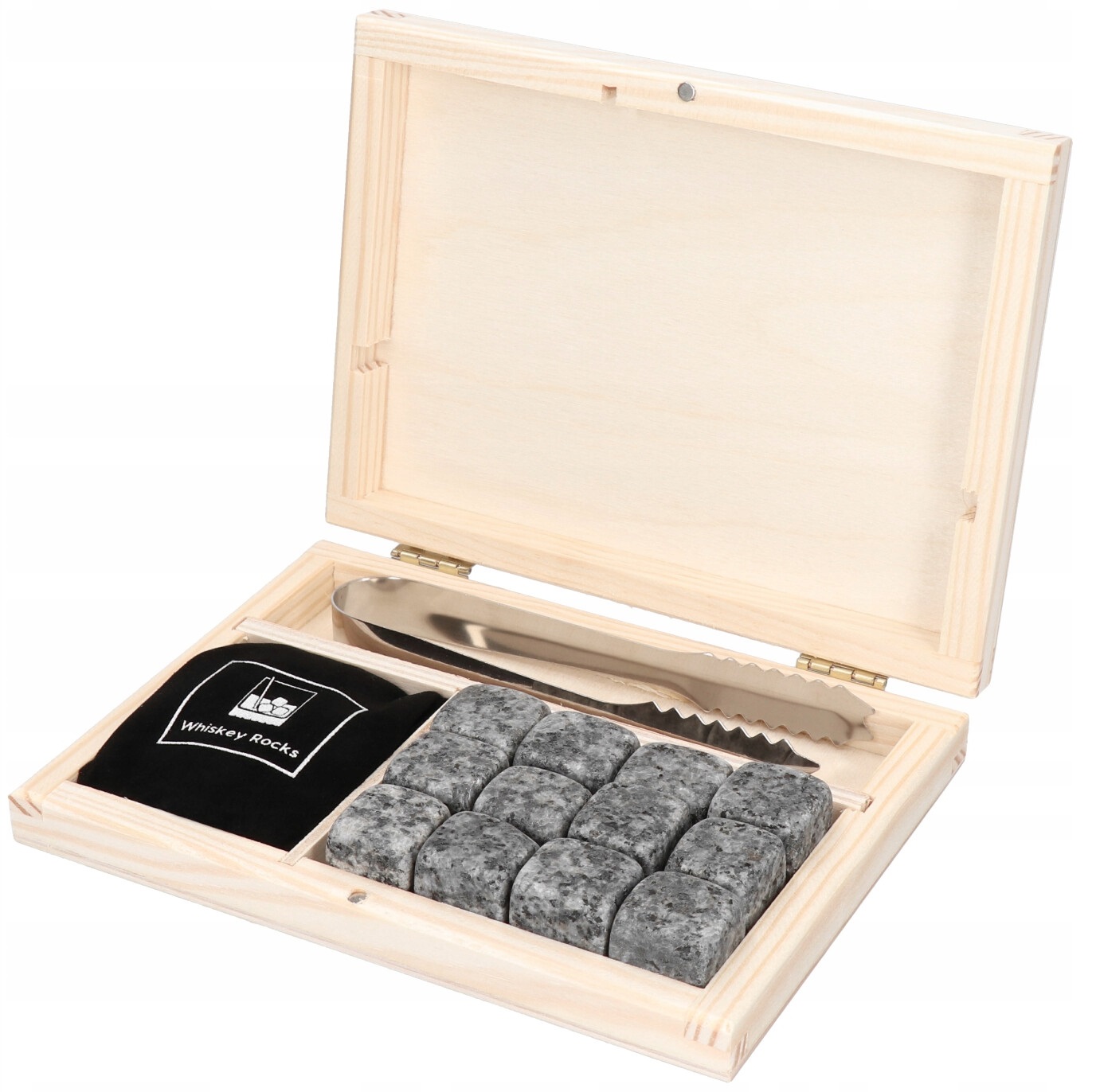 KAMIENIE DO WHISKY KAMIENNE KOSTKI GRANIT 12szt SZCZYPCE PUDEŁKO DREWNIANE