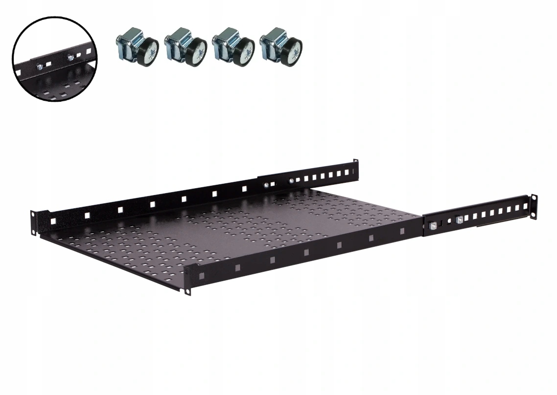 Police do 19" rackové skříně 750 mm 1U Nastavitelná, kovová, do 35 kg, černá Sabaj