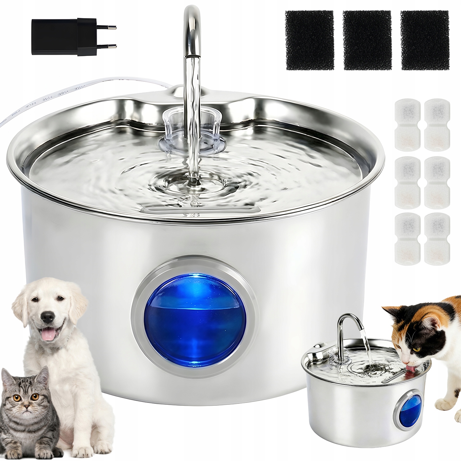 Fontána Pro Kočky Ocelová 2.6 L S Oknem Hladiny Vody A Filtry