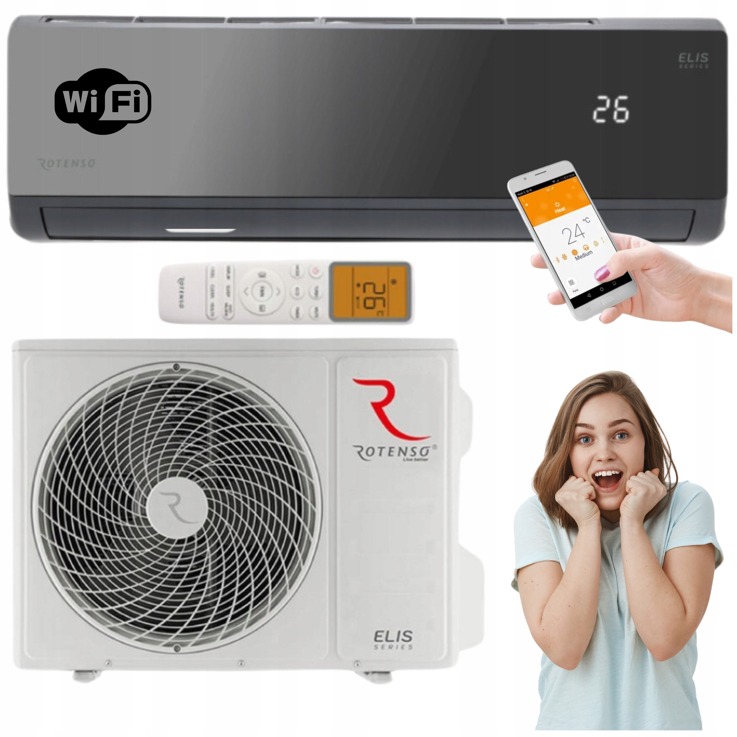 Klimatizátor Rotenso Elis 3,4 kW WiFi Čierna Klimatizácia Na Stenu Do Domácnosti