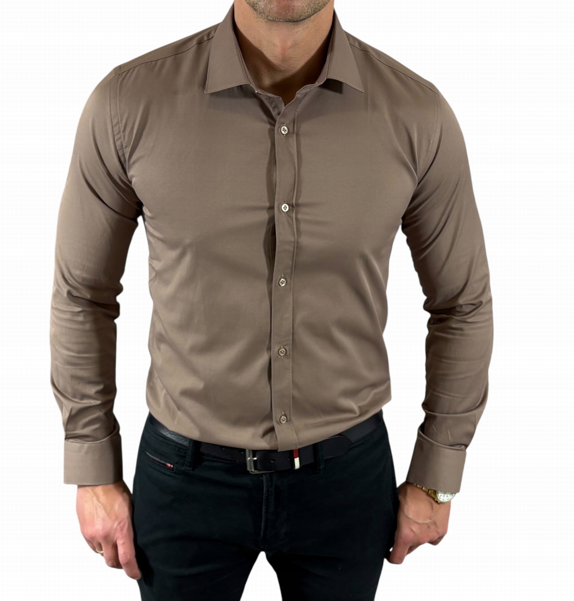 Košile slim fit klasická tmavě béžová-11 saténová hladká elegantní EGO04