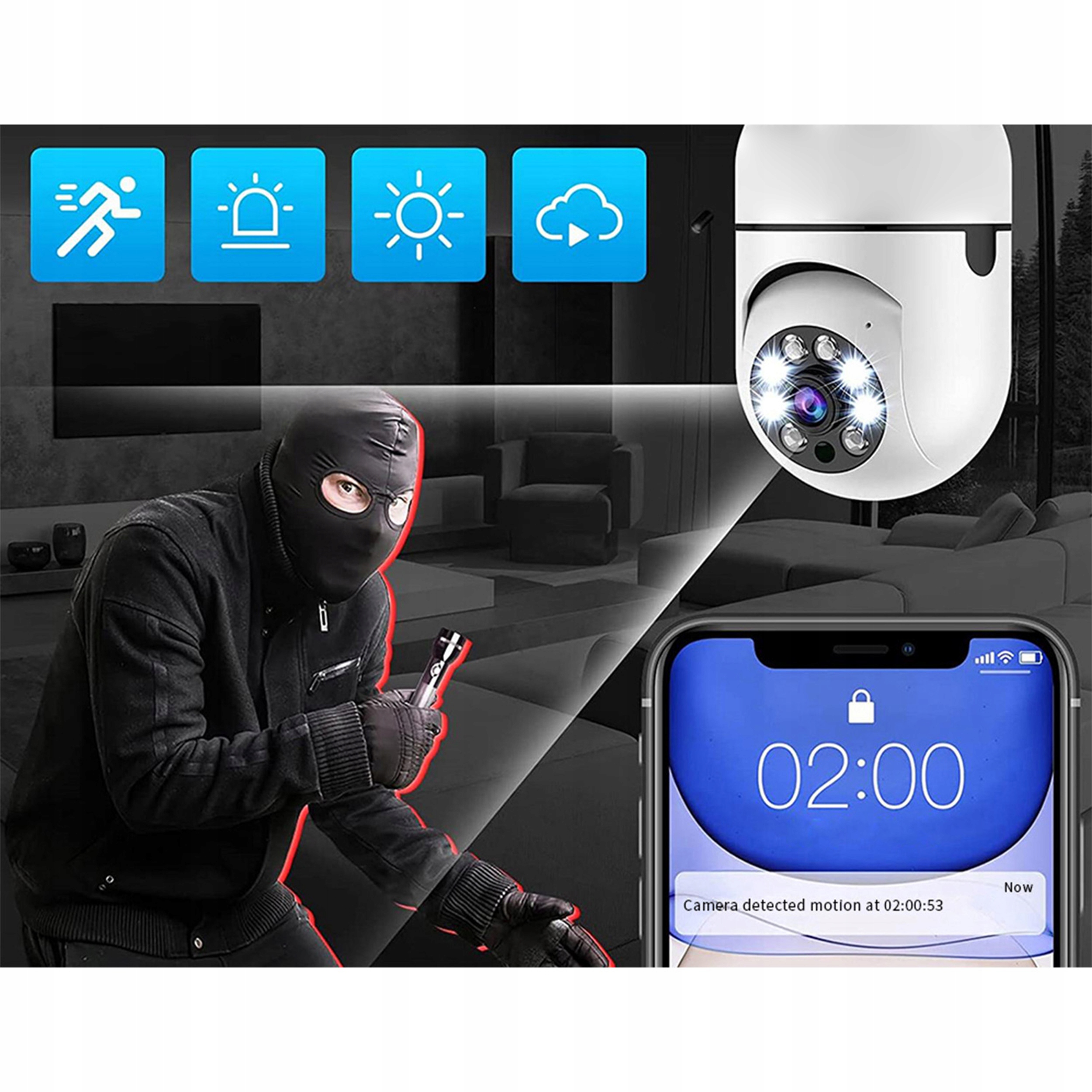 KAMERA WIFI WEWNĘTRZNA OBROTOWA ŻARÓWKA GWINT E27 IP 3MP TUYA MONITORING Rozdzielczość 3 Mpx