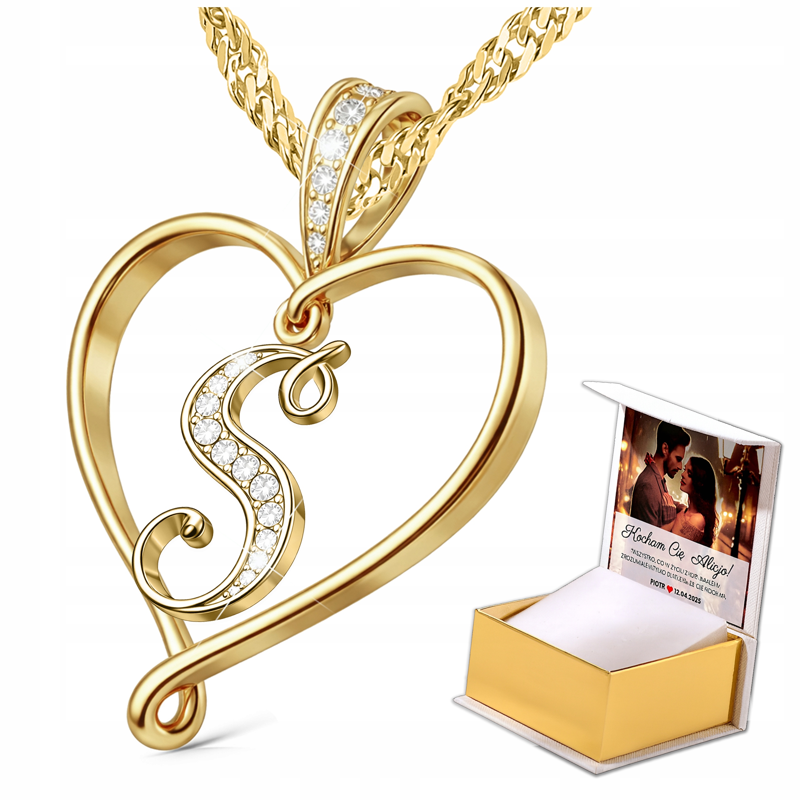 Zlatý náhrdelník s písmenem písmenka S Velké pozlacené srdíčko Stříbro Potisk