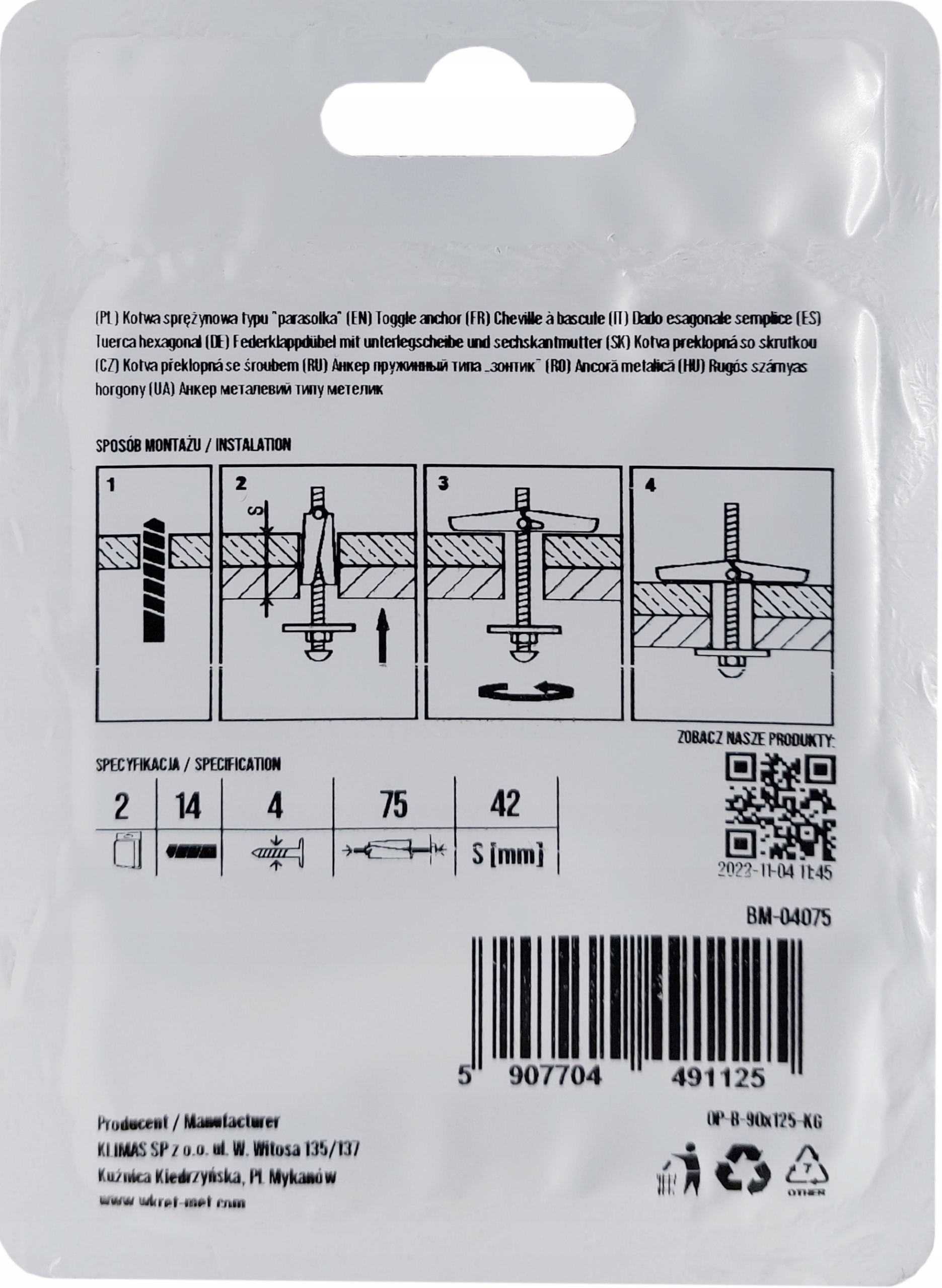 Kotwy sprężynowe parasolka M 4x75 2 sztuki Rodzaj kołki