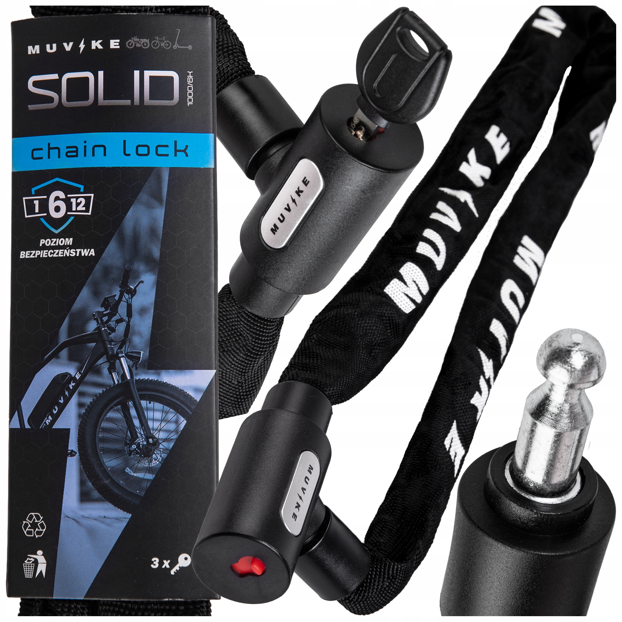 ZAPIĘCIE ROWEROWE ŁAŃCUCH NA KLUCZ MUVIKE SOLID 1000/6K + 3 KLUCZE