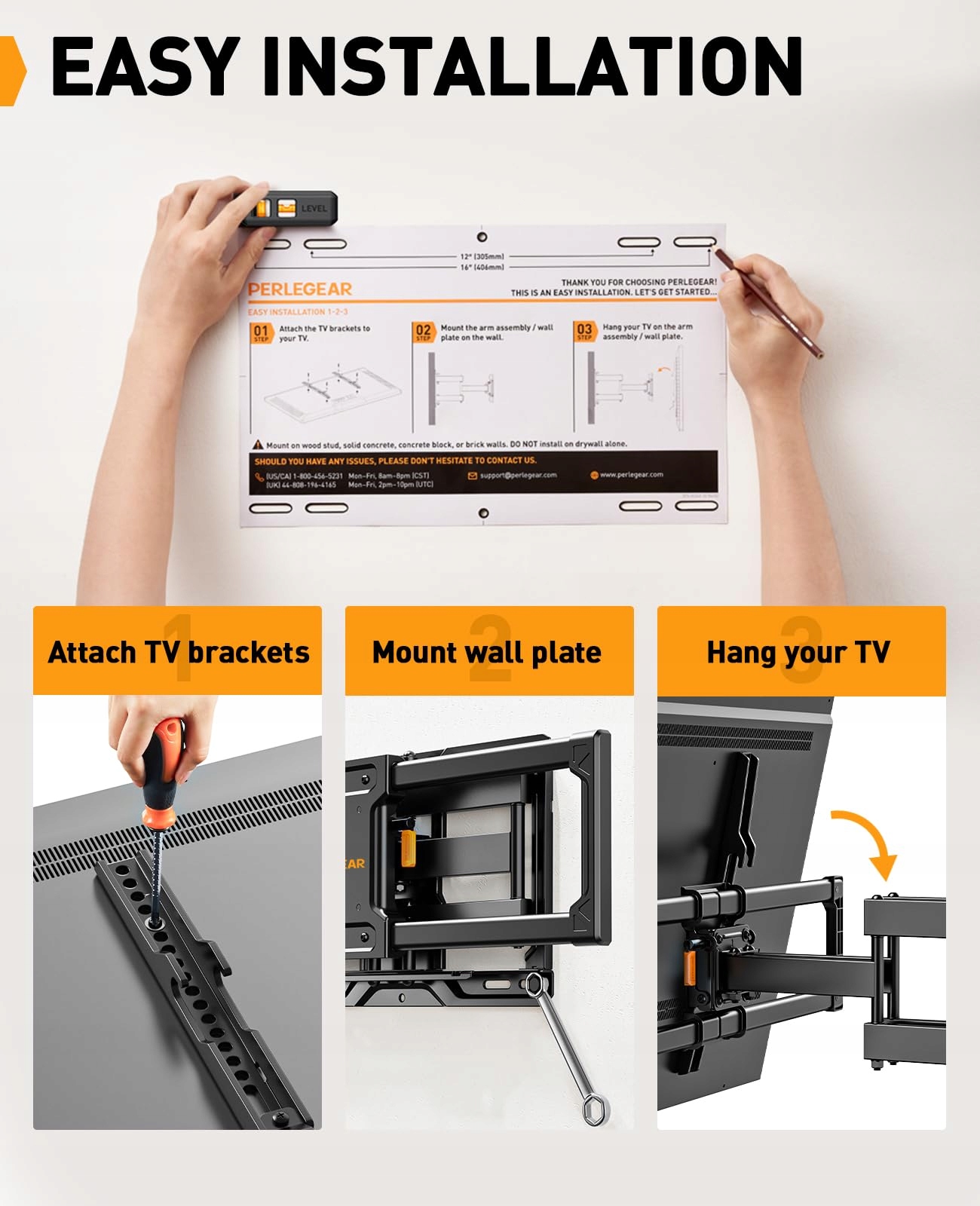 PERLEGEAR Uchwyt TV Ścienny 42-84" Obrotowy Max 60kg VESA 600x400 — miniatura 5