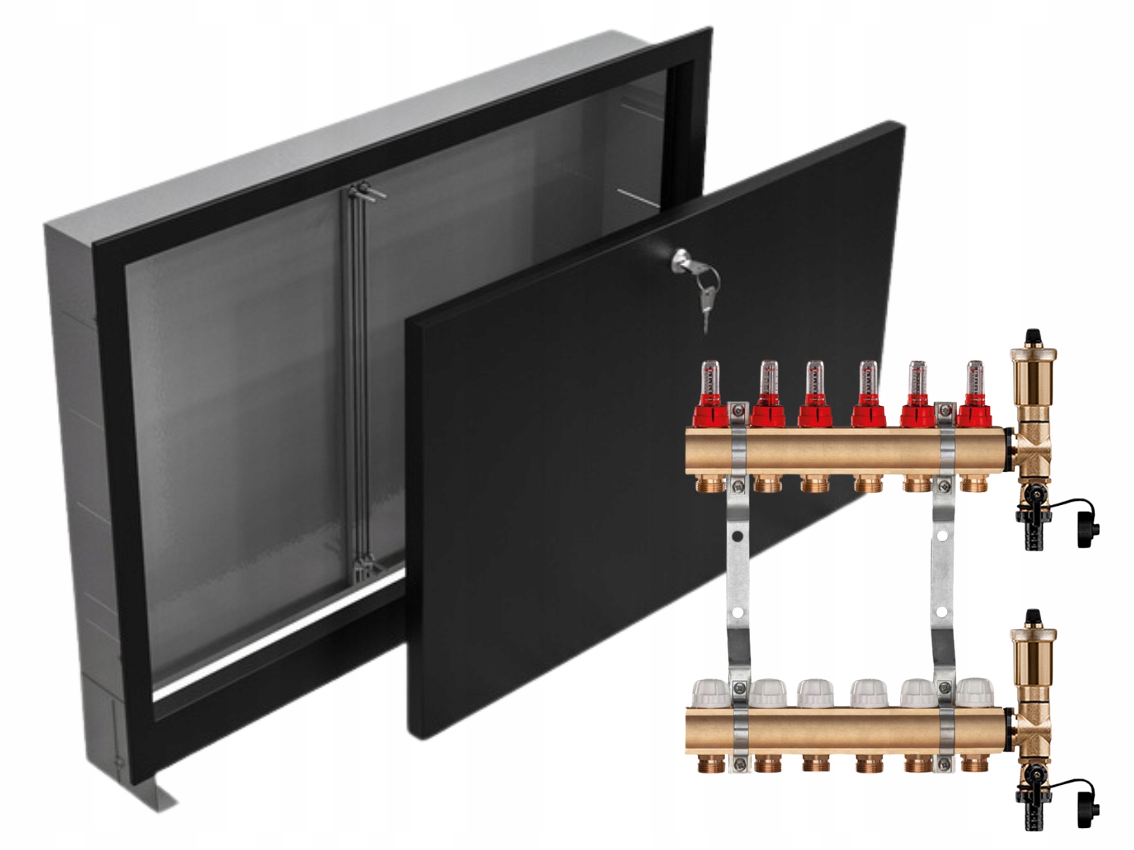 Mosazný Rozdělovač 6 Sekcí Podomítková Skříňka Černá