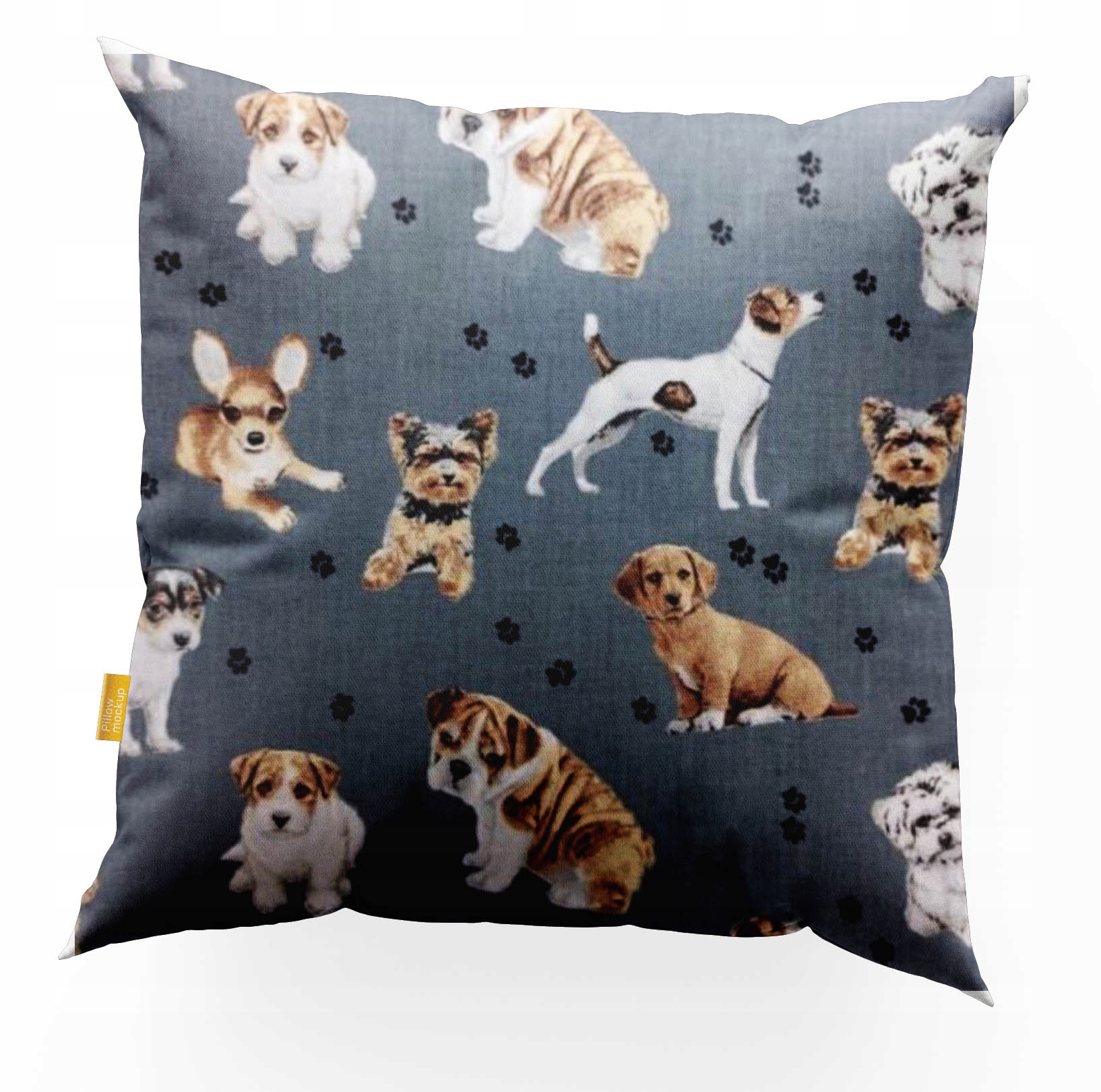 Poszewka na poduszkę 40x40 cm . Pieski różne rasy na szarym tle.