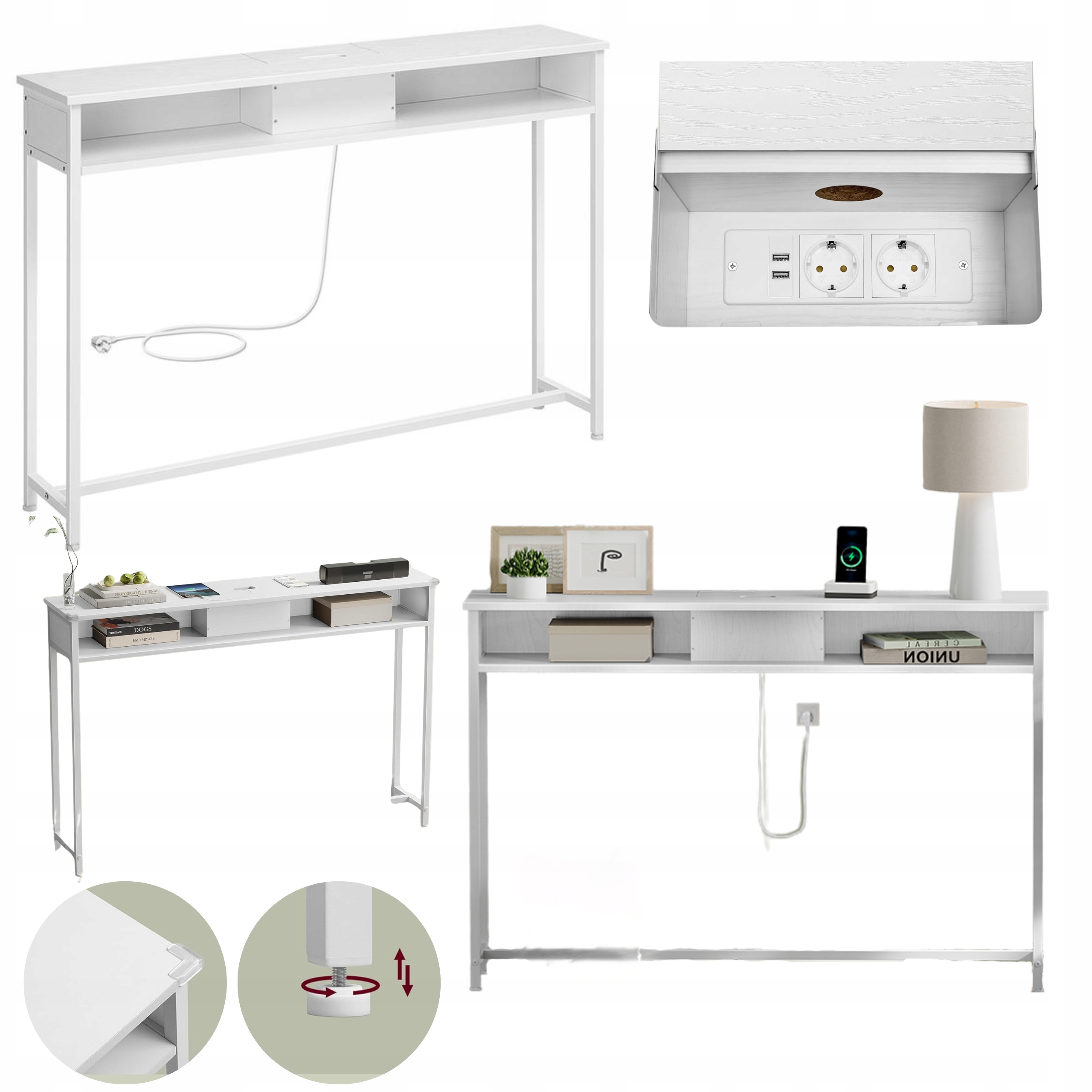 Konzolový stolík 120 cm Biely s Usb napájacím lištou, regál do predsiene