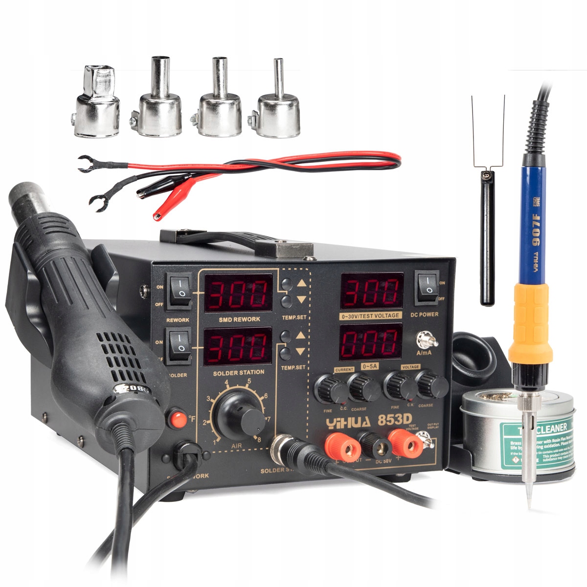 Pájecí stanice 3v1 s napájecím zdrojem 5A 30V, hot air, hrotová Yihua 853D 800W