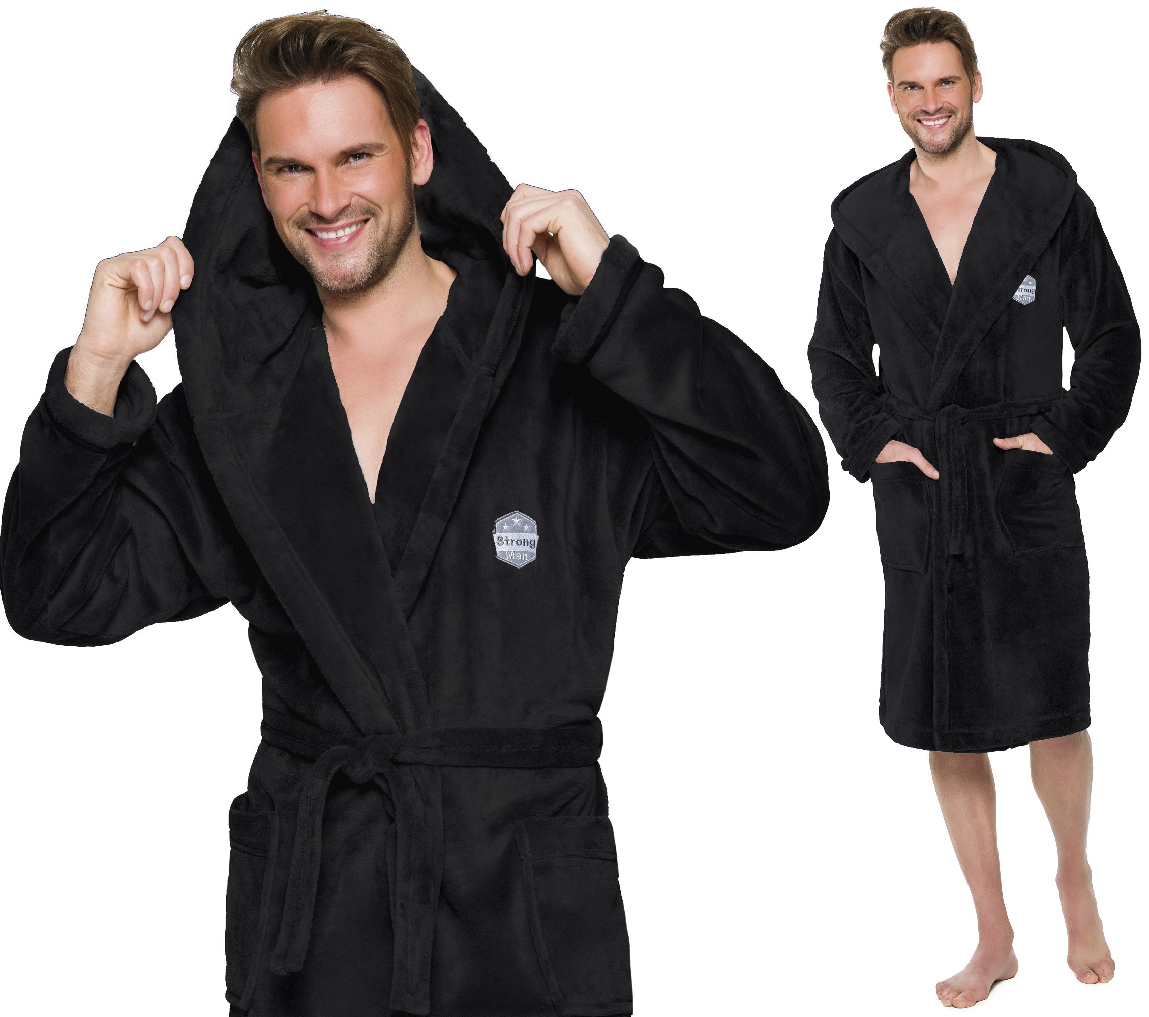 CIEPŁY MIŁY DŁUGI SZLAFROK MĘSKI Z KAPTUREM 3XL