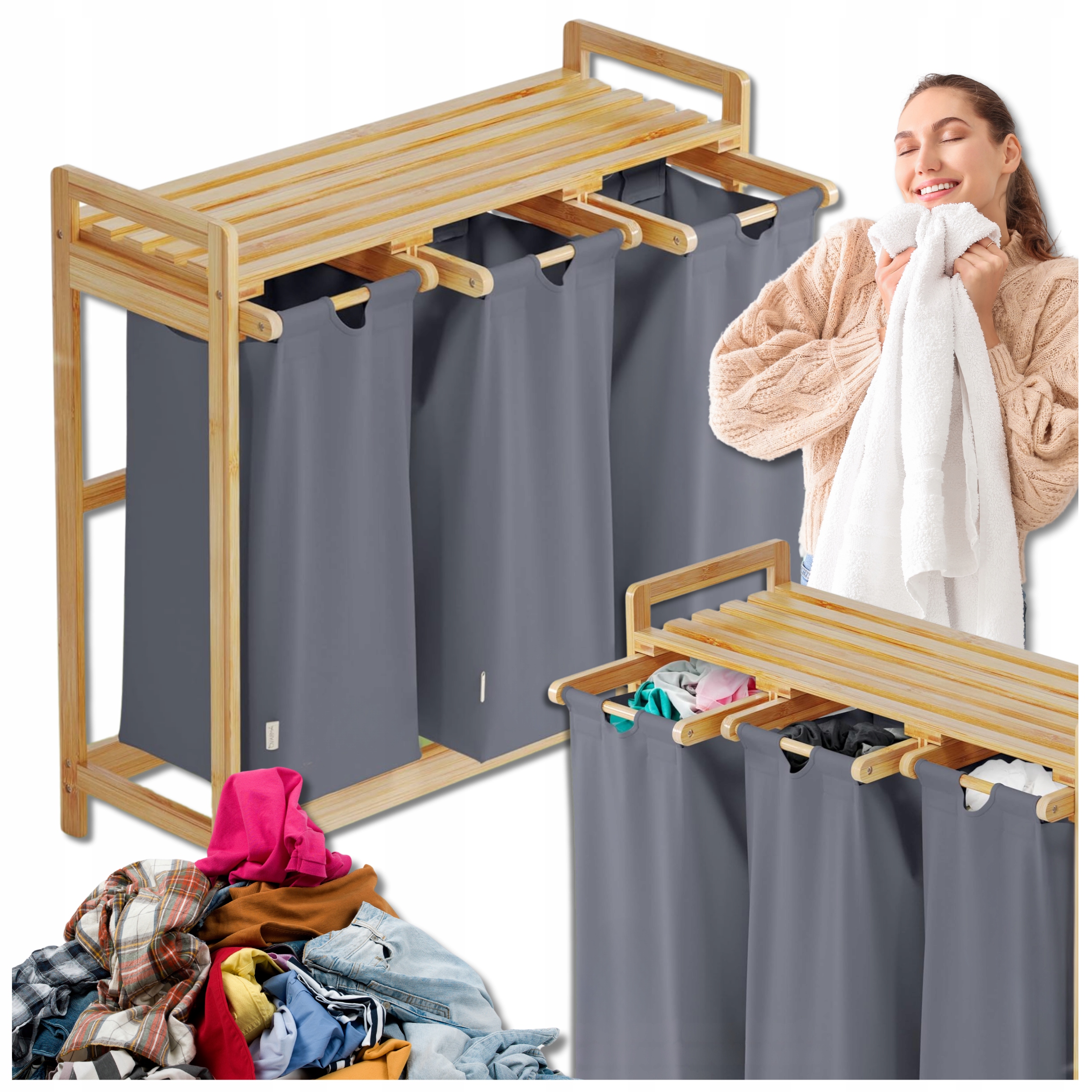 Koš Na Prádlo tříkomorový Bambusový s policí S19