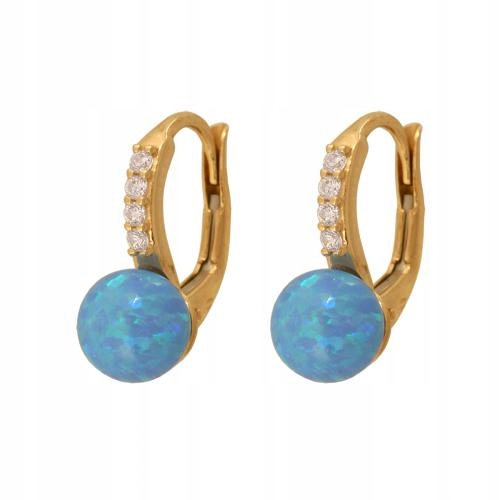 Klasické zlaté 585 náušnice s kulatým modrým opálem a zirkony