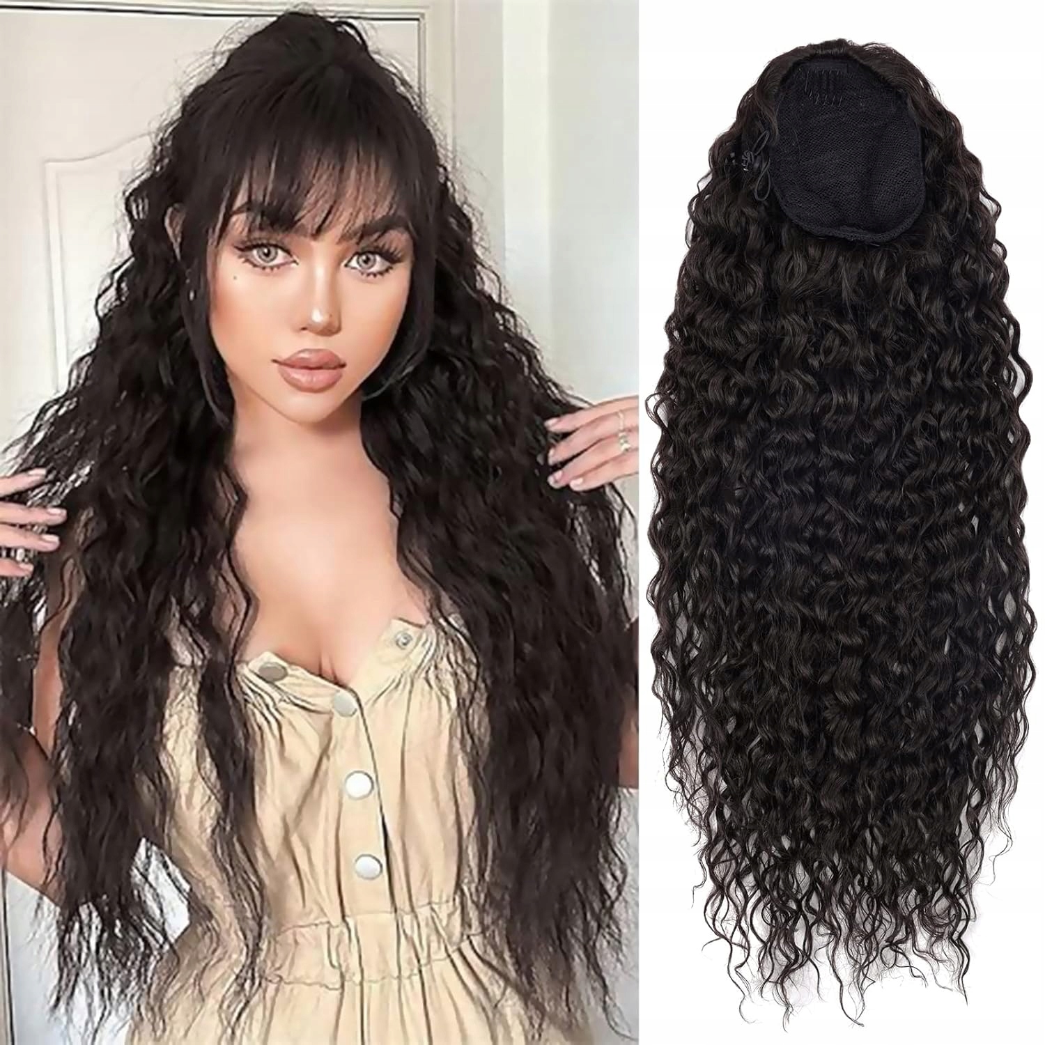 Prodloužení culíku, s stahovací šňůrkou, vlnité vlasy tmavě hnědé 60 cm