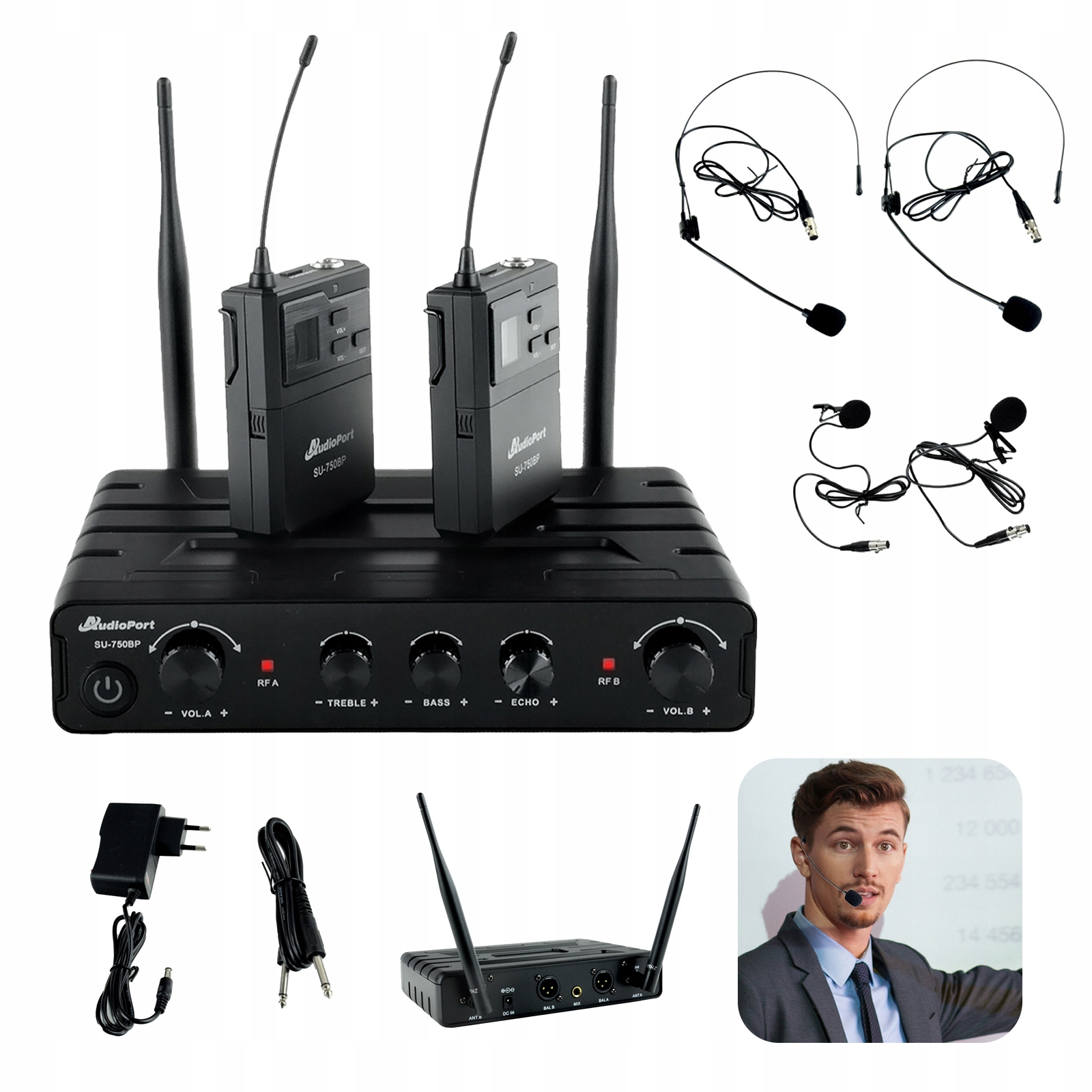 Zestaw mikrofonów bezprzewodowych 2x nagłowny Uhf 2x bodypack+ 2x krawatowy